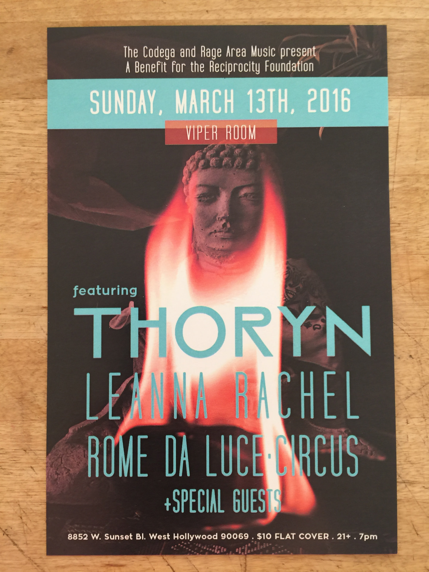 Show flyer for the March 13, 2016 Viper Room benefit featuring Thoryn