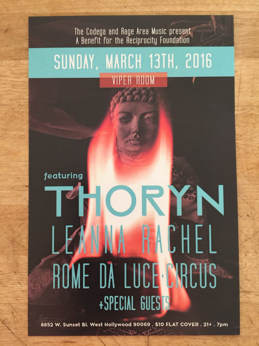 Show flyer for the March 13, 2016 Viper Room benefit featuring Thoryn